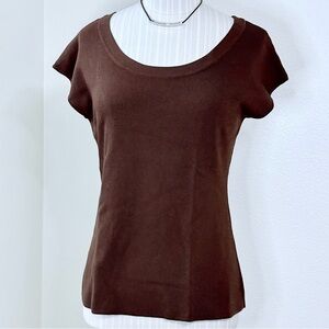 Chicos Scoop Neck Mid-Weight Knit Cap-Sleeve Dark Brown T-Shirt Woman’s Small